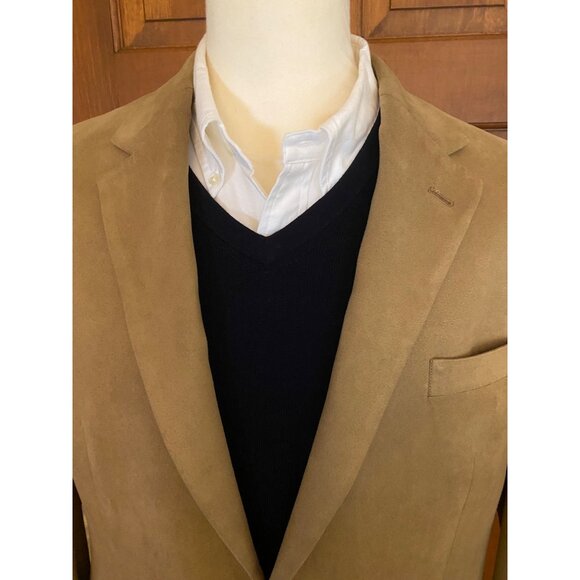 Chaps Mens 44L Tan Vegan Suede Blazer Two-Button Sport Coat Fall Academia Jacket - Picture 2 of 16